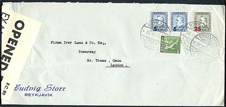 5/35 aur (par), 25/3 aur Provisorium og 10 aur Sild på aflang kuvert fra Reykjavik d. 28.9.1941 til London, England. Åbnet af britisk censur PC90/5656.