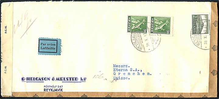 10 aur Sild i parstykke og 1 kr. Hekla på aflangt luftpostbrev fra Reykjavik d. 30.10.1943 via Lissabon til Grenchen, Schweiz. Åbnet af britisk censur PC90/6070.