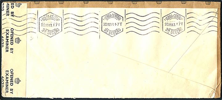 10 aur Sild i parstykke og 1 kr. Hekla på aflangt luftpostbrev fra Reykjavik d. 30.10.1943 via Lissabon til Grenchen, Schweiz. Åbnet af britisk censur PC90/6070.