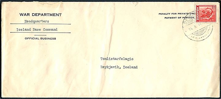 25 aur Torsk på amerikansk War Department tjenestekuvert fra Headquarters Iceland Base Command stemplet Reykjavik d. 14.10.1944 til Reykjavik.