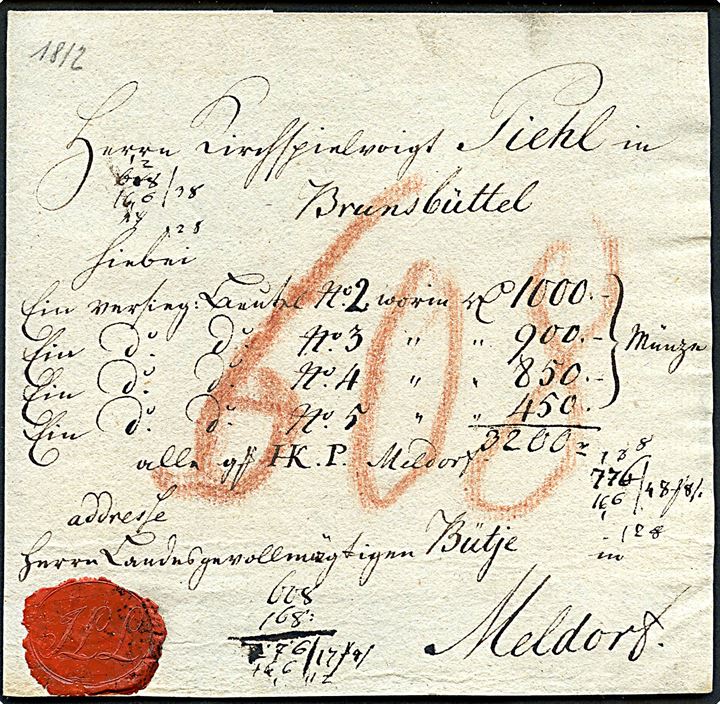 1812. Pakkefølgebrev for 4 pengeposer fra Altona d. 23.10.1812 til Meldorf. Flere påtegninger.