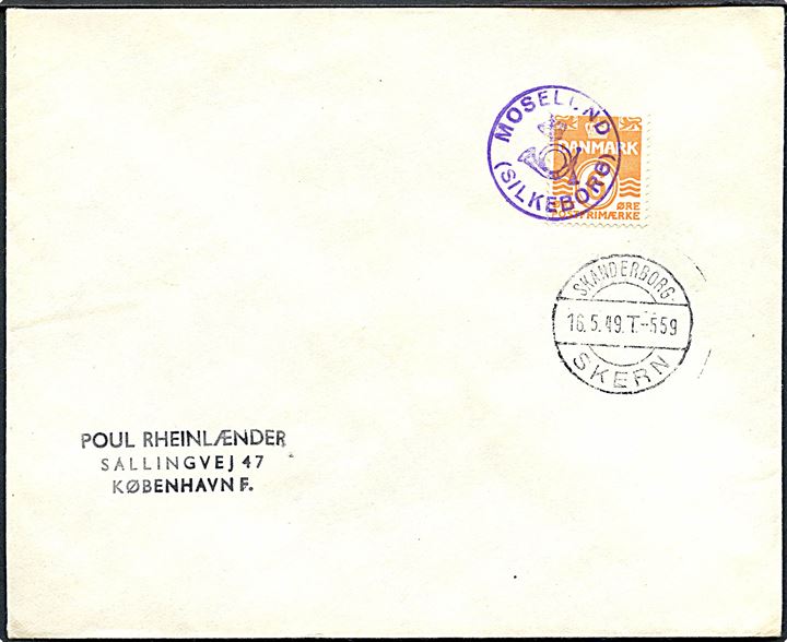 6 øre Bølgelinie på filatelistisk tryksag annulleret med posthornstempel MOSELUND (SILKEBORG) og sidestemplet bureau Skanderborg - Skjern T.559 d. 16.5.1949 til København.