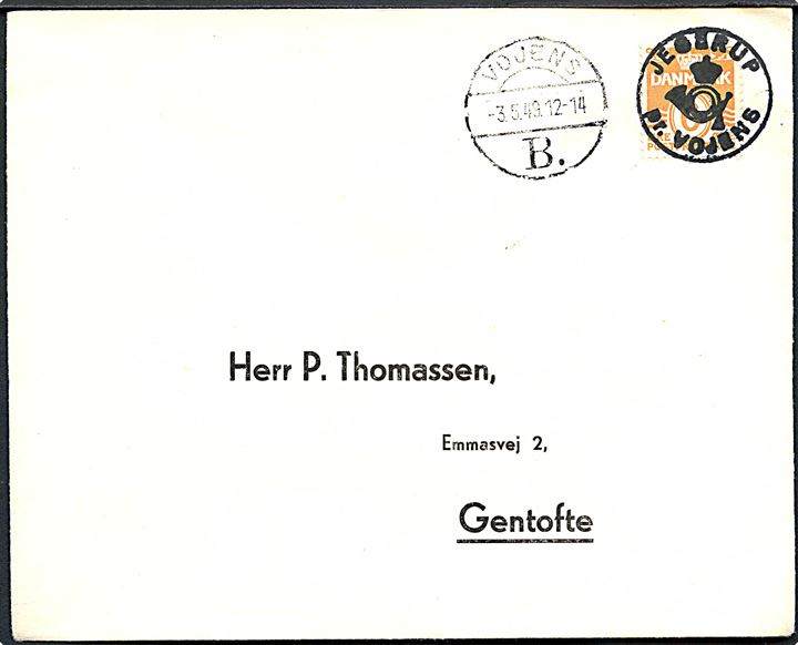 6 øre Bølgelinie på filatelistisk tryksag annulleret med posthornstempel JEGERUP pr. VOJENS og sidestemplet Vojens B. d. 3.5.1949 til Gentofte.