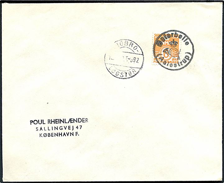 6 øre Bølgelinie på filatelistisk tryksag annulleret med posthornstempel Østerballe (Aalestrup) og sidestemplet bureau Hobro - Løgstør T.392 d. 1?.?.1949 til København.