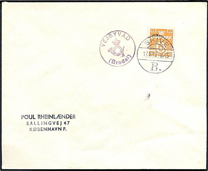 6 øre Bølgelinie på filatelistisk tryksag annulleret Skive B. d. 17.5.1949 og sidestemplet med posthornstempel VEJBYVAD (Brodal) til København.