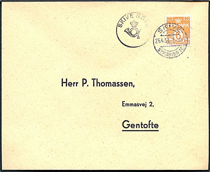 6 øre Bølgelinie på filatelistisk tryksag annulleret med bureaustempel Skive - Nykøbing M. T.786 d. 26.4.1951 og sidestemplet posthornstempel SKIVE NORD til Gentofte.