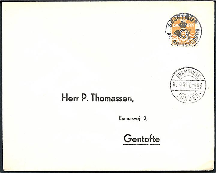 6 øre Bølgelinie på filatelistisk tryksag annulleret med posthornstempel SEJSTRUP pr. GREDSTEDBRO og sidestemplet Bramminge - Tønder sn4 T.468 d. 11.4.1949 til Gentofte.