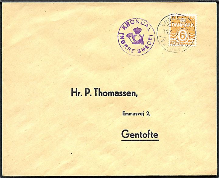 6 øre Bølgelinie på filatelistisk tryksag annulleret med bureaustempel Horsens - Thyregod T.68 d. 16.3.1948 og sidestemplet posthornstempel KRONDAL (NØRRE SNEDE) til Gentofte.