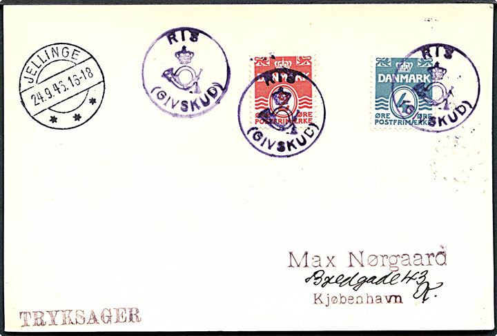2 øre og 4 øre Bølgelinie på filatelistisk tryksag annulleret med posthornstempel RIS (GIVSKUD) og sidestemplet Jellinge d. 24.9.1946 til København.
