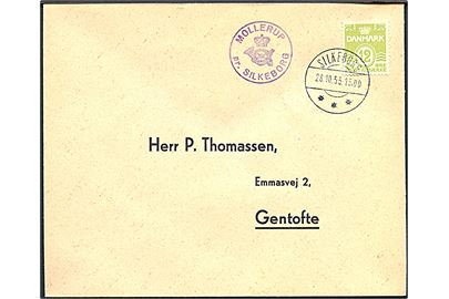 12 øre Bølgelinie på filatelistisk tryksag annulleret Silkeborg d. 28.10.1955 og sidestemplet med posthornstempel MOLLERUP pr. SILKEBORG til Gentofte.