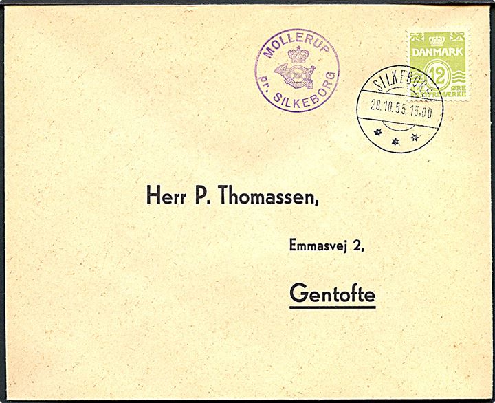 12 øre Bølgelinie på filatelistisk tryksag annulleret Silkeborg d. 28.10.1955 og sidestemplet med posthornstempel MOLLERUP pr. SILKEBORG til Gentofte.