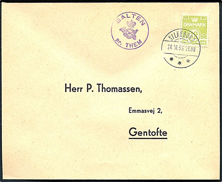 12 øre Bølgelinie på filatelistisk tryksag annulleret Silkeborg d. 28.10.1955 og sidestemplet med posthornstempel SALTEN pr. THEM til Gentofte.