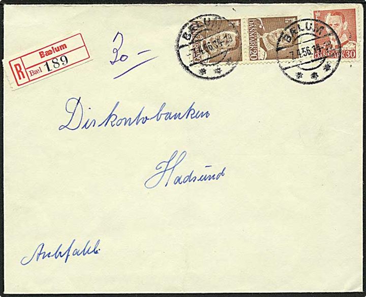 20 øre (par) og 30 øre Fr. IX på anbefalet brev fra Bælum d. 7.4.1956 til Hadsund.
