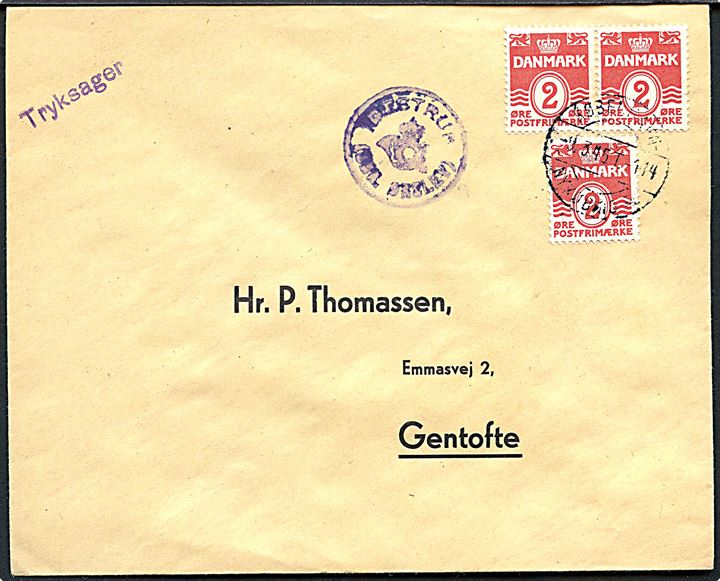 2 øre Bølgelinie (3) på filatelistisk tryksag annulleret med bureaustempel København - Nykøbing Fl. T.114 d. 9.3.1945 og sidestemplet med uldent posthornstempel IDESTRUP (SDR. ØRSLEV) til Gentofte.