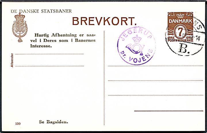7 øre helsagsbrevkort annulleret Vojens B. d. 3.5.1949 og sidestemplet med posthornstempel JEGERUP pr. VOJENS. Uadresseret.