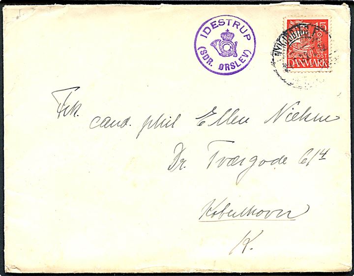 15 øre Karavel på brev annulleret med bureaustempel Nykjøbing - Stubbekjøbing T.12 d. 24.9.1933 og sidestemplet posthornstempel IDESTRUP (SDR. ØRSLEV) til København.