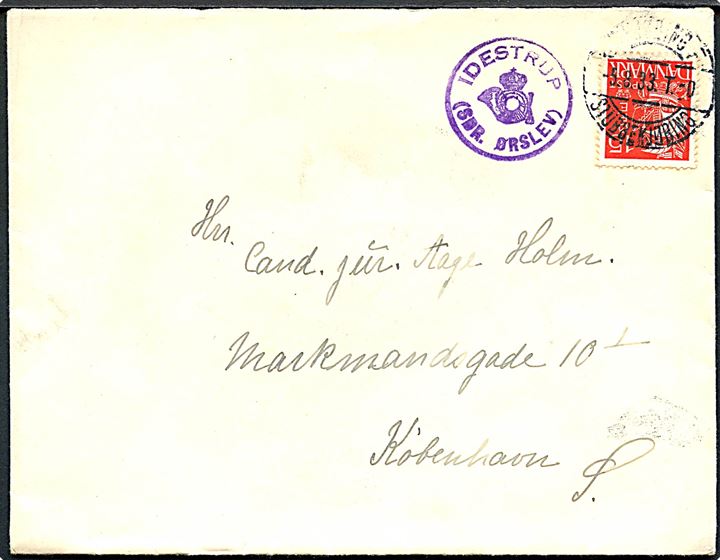 15 øre Karavel på brev annulleret med bureaustempel Nykjøbing - Stubbekjøbing T.0 d. 5.9.1933 og sidestemplet posthornstempel IDESTRUP (SDR. ØRSLEV) til København.