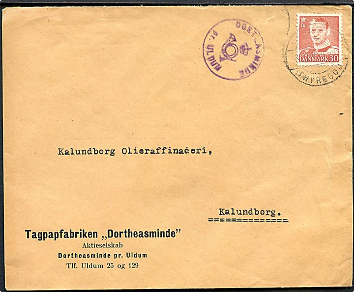 30 øre Fr. IX på brev fra Tagpapfabriken Dortheasminde annulleret med svagt bureaustempel Horsens - Thyregod og sidestemplet med posthornstempel DORTHEASMINDE pr. ULDUM til Kalundborg.
