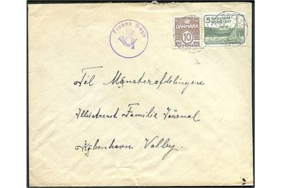 5 øre Regentjubilæum og 10 øre Bølgelinie på brev annulleret med svagt bureaustempel Odense - Svendborg d. 25.1.1938 og sidestemplet med posthornstempel Fruens Bøge til København.
