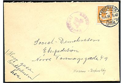 10 øre H. C. Andersen på brev annulleret København Omk. d. 15.6.1936 og sidestemplet med posthornstempel HUSUM (BRØNSHØJ) til København.