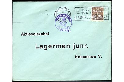 10 øre Bølgelinie på brev stemplet København OMK d. 27.7.1938 og sidestemplet med posthornstempel Solrød Strand (Taastrup) til København.