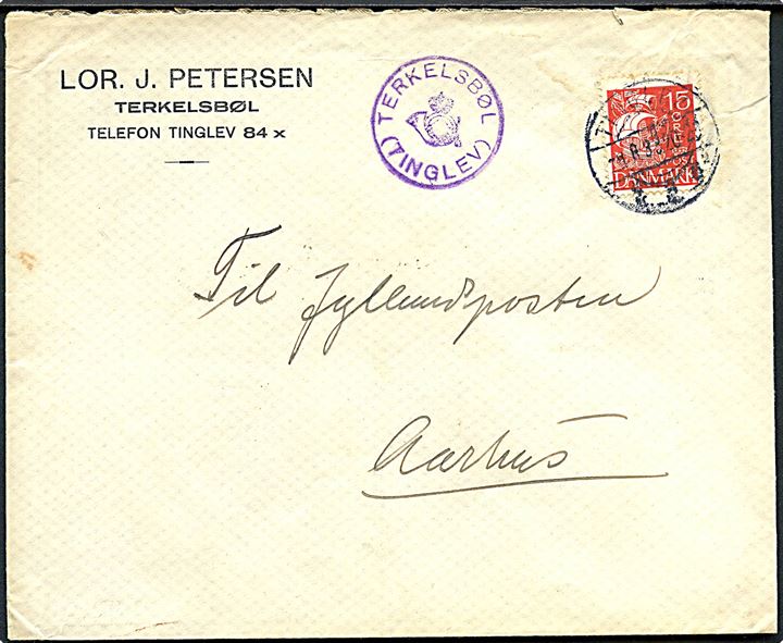 15 øre Karavel på brev stemplet Tinglev d. 9.8.1933 og sidestemplet med posthornstempel TERKELSBØL (TINGLEV) til Aarhus.