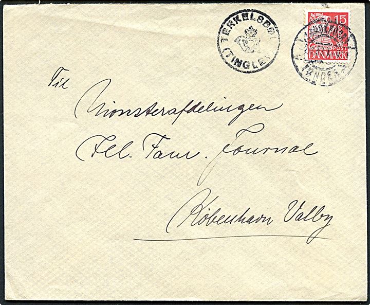 15 øre Karavel på brev annulleret med svagt bureaustempel Sønderborg - Tønder d. 2.12.1937 og sidestemplet med posthornstempel TERKELSBØL (TINGLEV) til København.