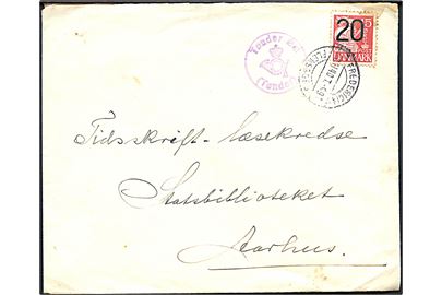 20/15 øre Provisorium på brev annulleret med bureaustempel Fredericia - Flensborg T.991 d. 20.11.1940 og sidestemplet med posthornstempel Tønder Øst (Tønder) til Aarhus.