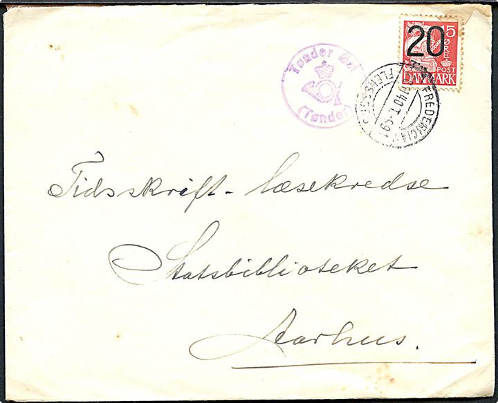20/15 øre Provisorium på brev annulleret med bureaustempel Fredericia - Flensborg T.991 d. 20.11.1940 og sidestemplet med posthornstempel Tønder Øst (Tønder) til Aarhus.