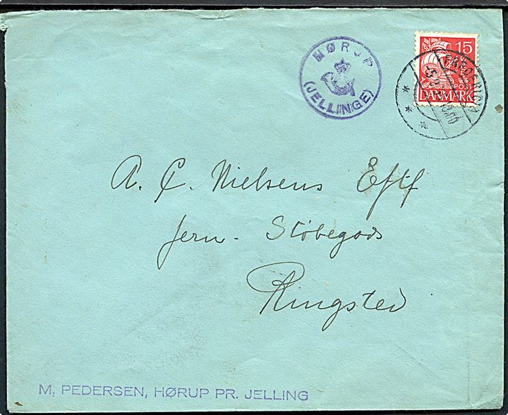15 øre Karavel på brev stemplet Fredericia d. 5.9.1935 og sidestemplet med posthornstempel HØRUP (JELLINGE) til Ringsted.