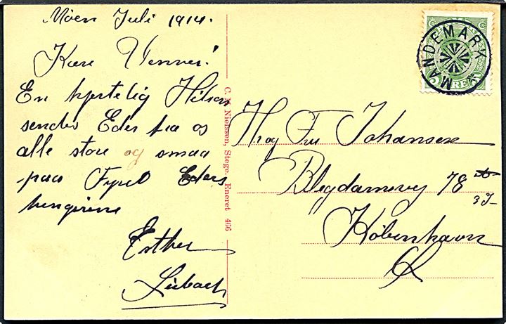 5 øre Chr. X på brevkort (Møens Fyr) dateret juli 1914 og annulleret med stjernestempel MANDEMARK til København.