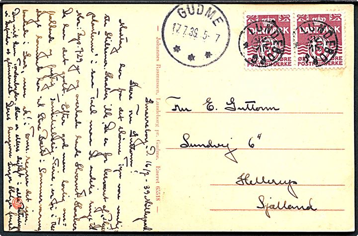 5 øre Bølgelinie i parstykke på brevkort (Knarreborg Mølle, Lundeborg) annulleret med udslebet stjernestempel LUNDEBORG og sidestemplet Gudme d. 17.7.1939 til Hellerup.