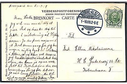 5 øre Fr. VIII på brevkort (Udsigt fra Vaalse kirketårn) annulleret med stjernestempel VAALSE og sidestemplet Nørre-Alslev d. 1.10.1909 til København.