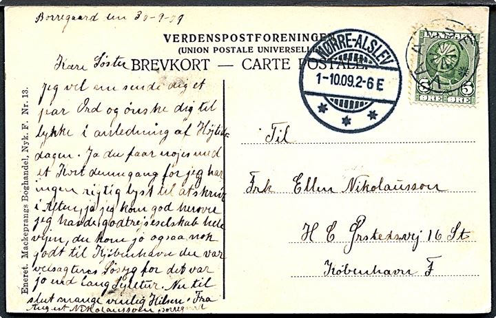5 øre Fr. VIII på brevkort (Udsigt fra Vaalse kirketårn) annulleret med stjernestempel VAALSE og sidestemplet Nørre-Alslev d. 1.10.1909 til København.