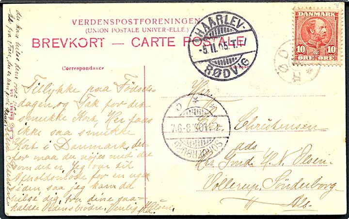 10 øre Chr. IX på brevkort annulleret med stjernestempel RØDVIG og sidestemplet bureau Haarlev - Rødvig T.17 d. 5.11.1905 til Sønderborg, Nordslesvig.