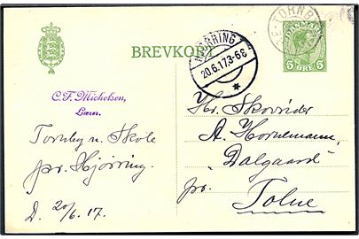 5 øre Chr. X helsagsbrevkort annulleret med stjernestempel NØRRE-TORNBY og sidestemplet Hjørring d. 20.6.1917 til Tolne.