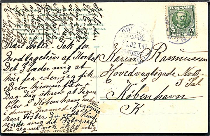 5 øre Fr. VIII på brevkort annulleret med stjernestempel NØRRE SØBY og sidestemplet Odense - Faaborg T.47 d. 2.3.1908 til København.
