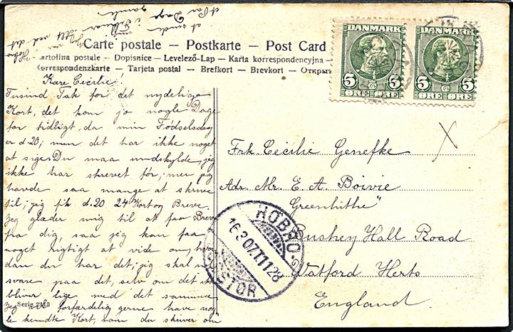 5 øre Chr. IX i parstykke på brevkort annulleret med bureaustempel NØRAGER og sidestemplet bureau Hobro - Løgstør T.1128 d. 16.3.1907 til England.