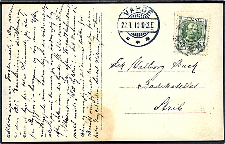 5 øre Fr. VIII på brevkort annulleret med stjernestempel NÆSBJERG og sidestemplet Varde d. 22.9.1910 til Strib.