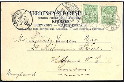 5 øre Våben (2) på brevkort (Vordingborg. Vintersbølle Bleg) annulleret med stjernestempel NYRAAD og sidestemplet bureau Masnedsund - Kallehave T.5 d. 25.6.1905 til London, England.