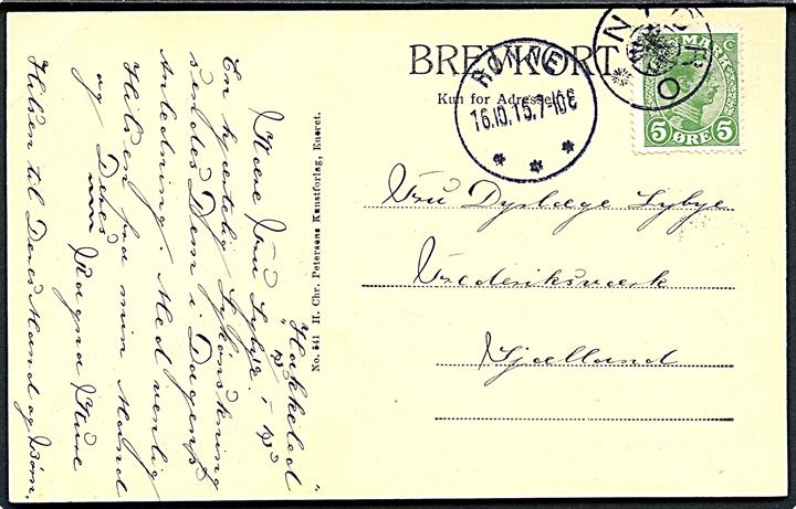 5 øre Chr. X på brevkort (Havneparti fra Rønne) annulleret med stjernestempel NYBRO og sidestemplet Rønne d. 16.10.1915 til Frederiksværk.