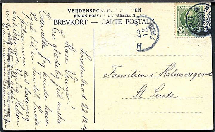 5 øre Fr. VIII på brevkort (Brolykke, Langeland) annulleret med stjernestempel NORDENBRO og sidestemplet Humble d. 23.12.1909 til St. Snøde. Julemærke 1909 mangler.