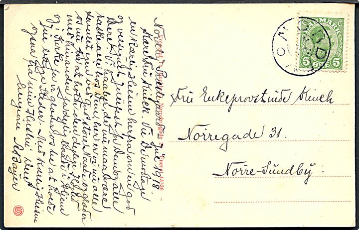 5 øre Chr. X på brevkort dateret Nordby Samsø julen 1918 annulleret med stjernestempel NORDBY til Nørresundby.