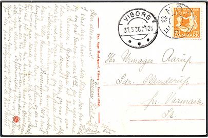 10 øre H. C. Andersen på brevkort annulleret med udslebet stjernestempel NON EGE og sidestemplet Viborg d. 31.5.1936 til Varmark.