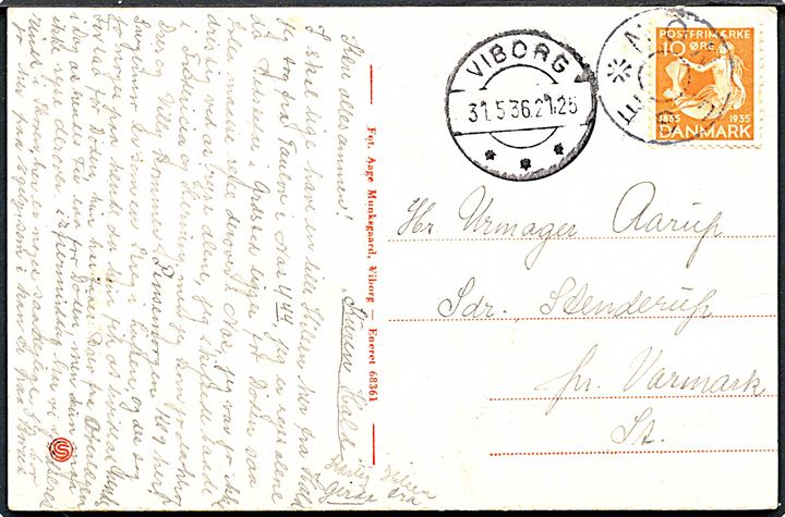 10 øre H. C. Andersen på brevkort annulleret med udslebet stjernestempel NON EGE og sidestemplet Viborg d. 31.5.1936 til Varmark.