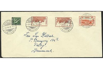 10+10 aur (2), 20+20 aur Velgørenhed og 12 aur Sild på brev fra Reykjavik d. 29.6.1946 til Valby, Danmark.