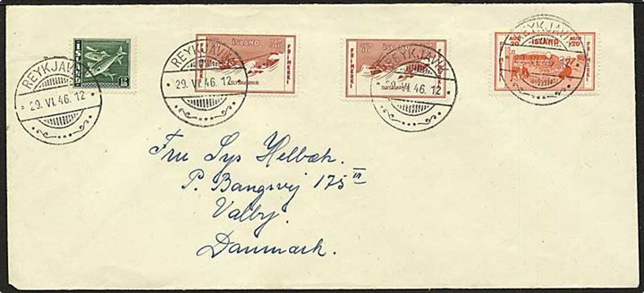 10+10 aur (2), 20+20 aur Velgørenhed og 12 aur Sild på brev fra Reykjavik d. 29.6.1946 til Valby, Danmark.
