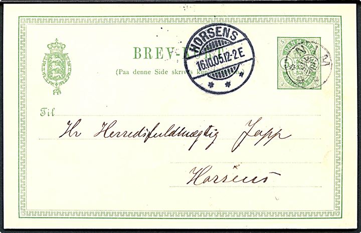 5 øre Våben helsagsbrevkort annulleret med stjernestempel NIM og sidestemplet Horsens d. 16.10.1905 til Horsens.
