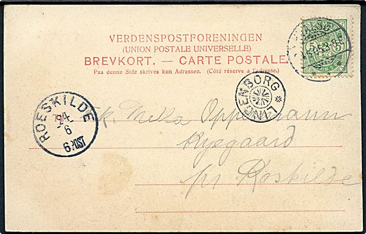 5 øre Våben på brevkort fra Hvalsø d. 24.6.1905 til Ryegaard pr. Roeskilde. Ank.stemplet med stjernestempel LINDENBORG.