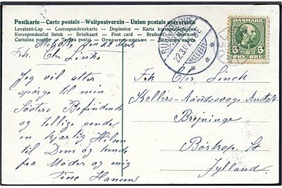 5 øre Chr. IX på brevkort annulleret med stjernestempel LINDELSE og sidestemplet Rudkjøbing d. 22.3.1907 til Brejninge pr. Børkop St.